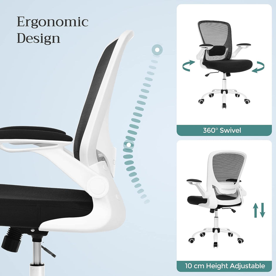 Ergonomic Office Chair – Mesh – Black – Adjustable Lumbar Support, Folding Armrests, 360° Swivel