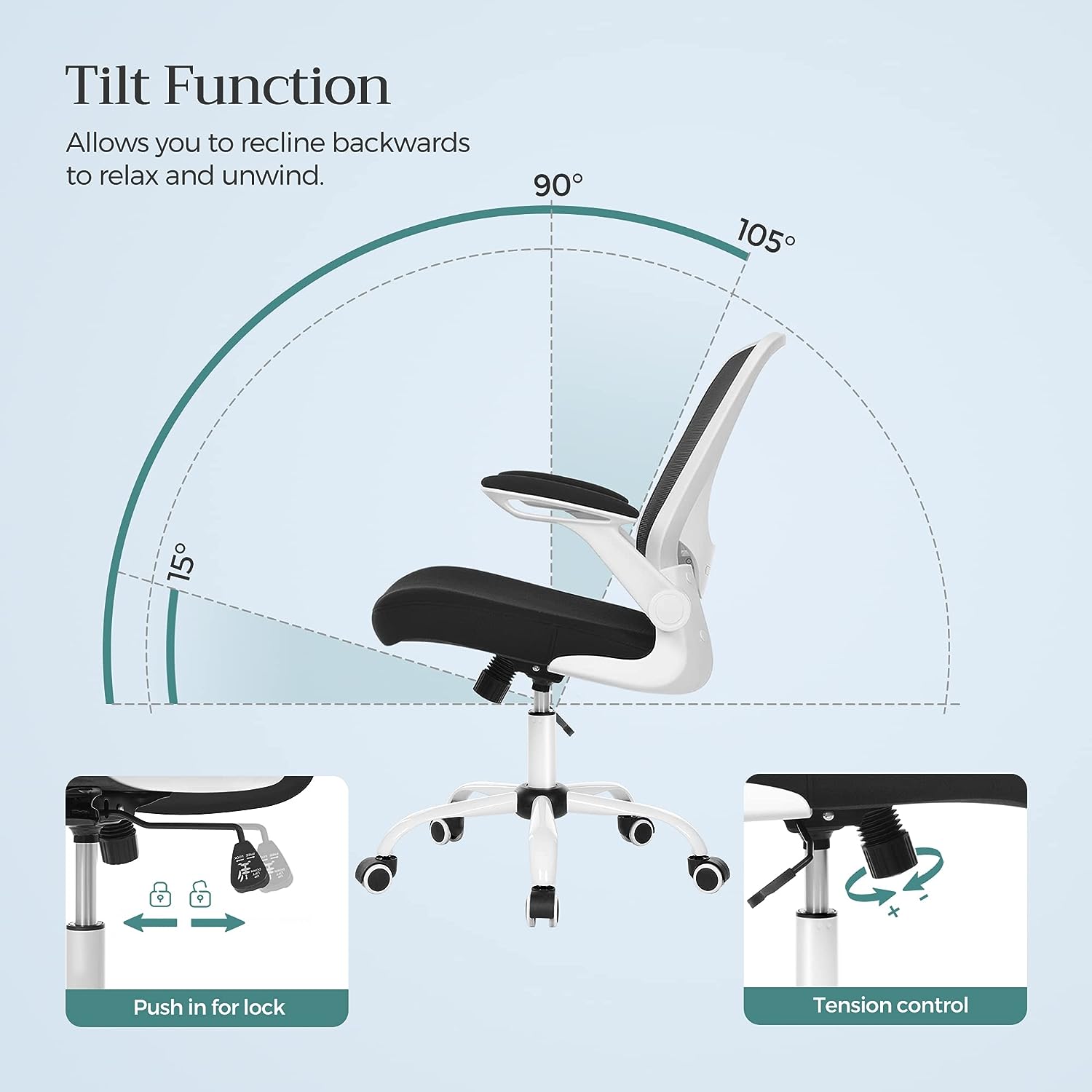 Ergonomic Office Chair – Mesh – Black – Adjustable Lumbar Support, Folding Armrests, 360° Swivel