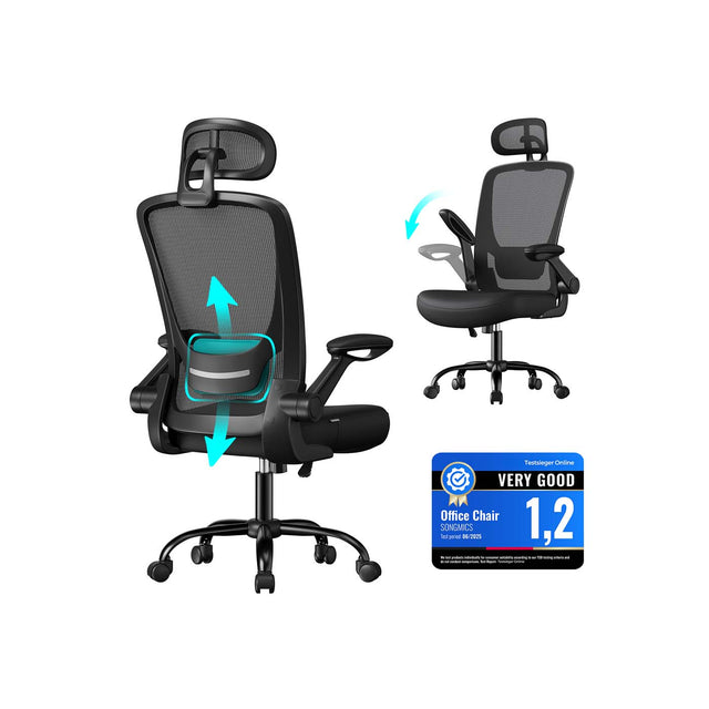 Ergonomic Office Chair – Mesh – Black – Adjustable Lumbar Support, Folding Armrests, 360° Swivel