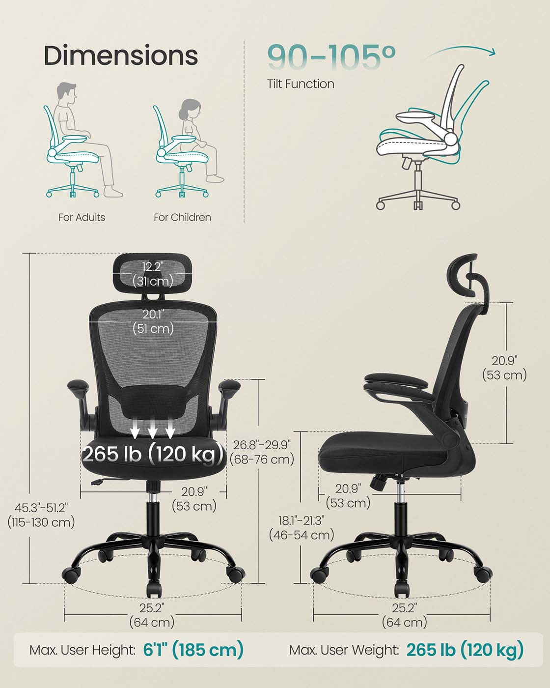 Ergonomic Office Chair – Mesh – Black – Adjustable Lumbar Support, Folding Armrests, 360° Swivel