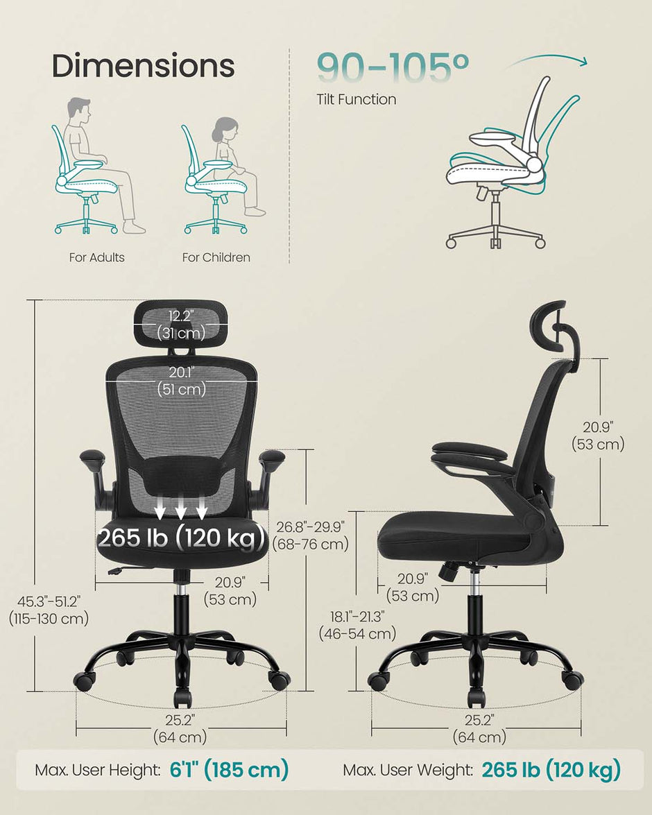 Ergonomic Office Chair – Mesh – Black – Adjustable Lumbar Support, Folding Armrests, 360° Swivel