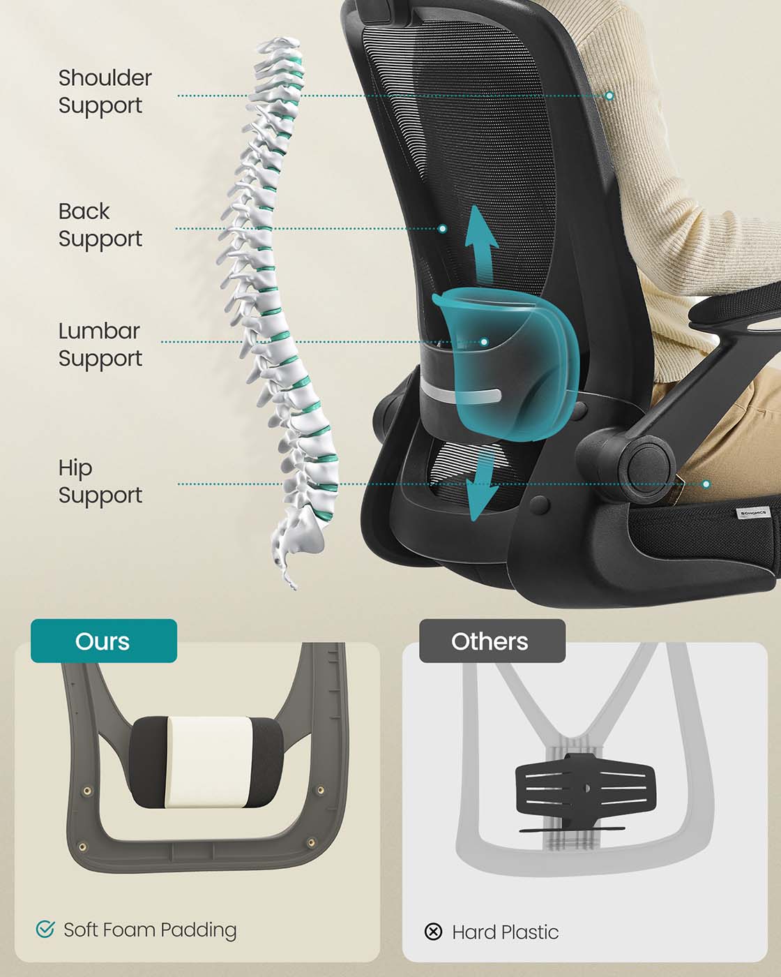 Ergonomic Office Chair – Mesh – Black – Adjustable Lumbar Support, Folding Armrests, 360° Swivel