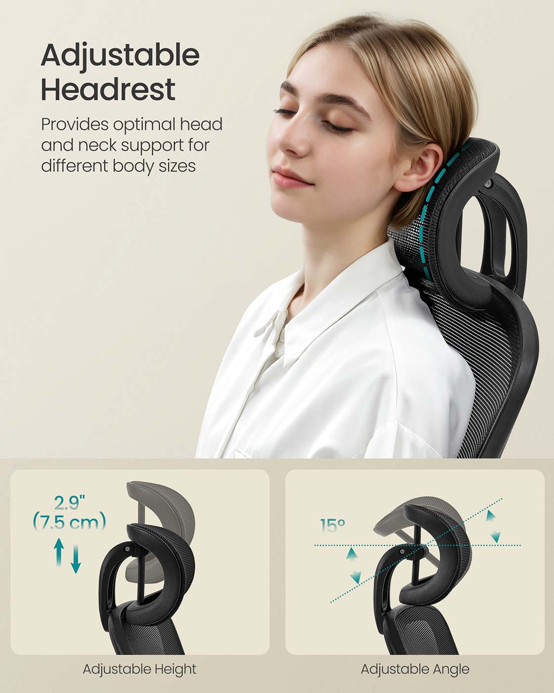 Ergonomic Office Chair – Mesh – Black – Adjustable Lumbar Support, Folding Armrests, 360° Swivel