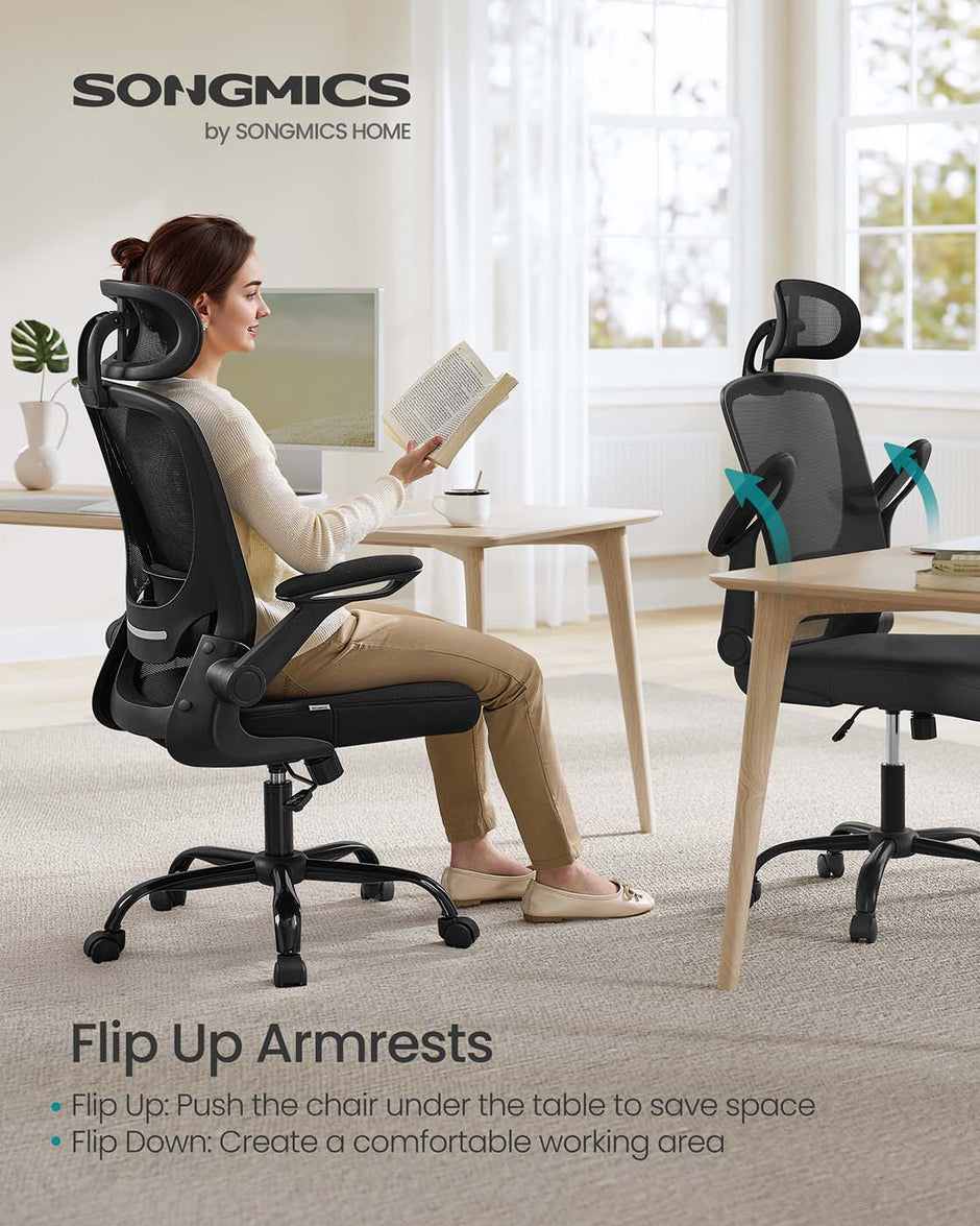 Ergonomic Office Chair – Mesh – Black – Adjustable Lumbar Support, Folding Armrests, 360° Swivel