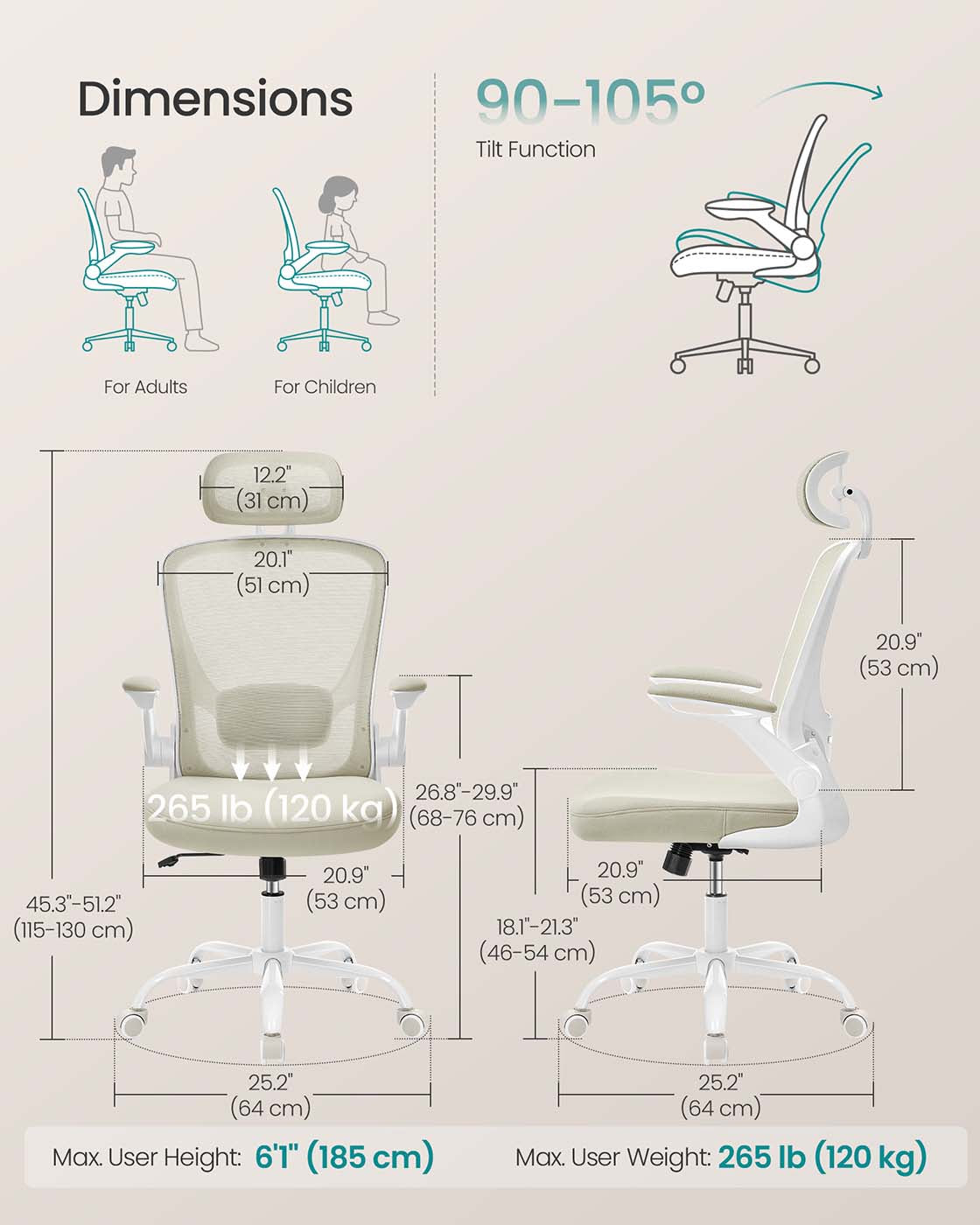 Ergonomic Office Chair – Mesh – Black – Adjustable Lumbar Support, Folding Armrests, 360° Swivel