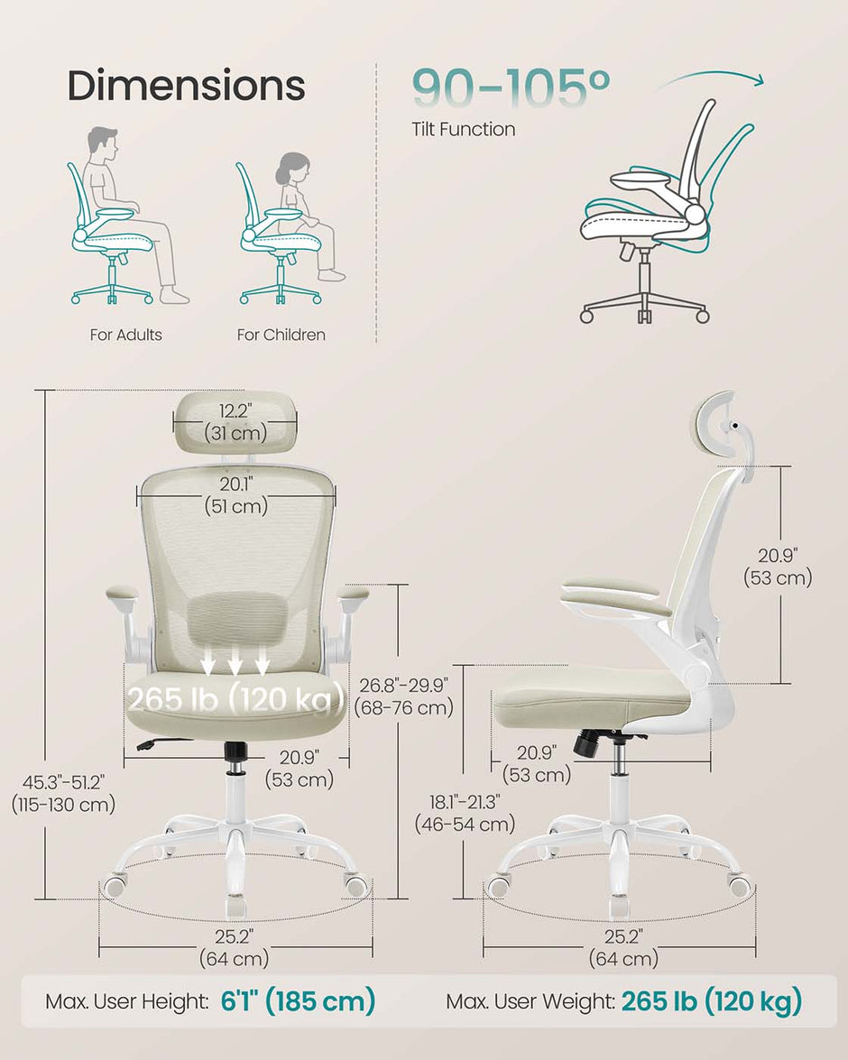 Ergonomic Office Chair – Mesh – Black – Adjustable Lumbar Support, Folding Armrests, 360° Swivel
