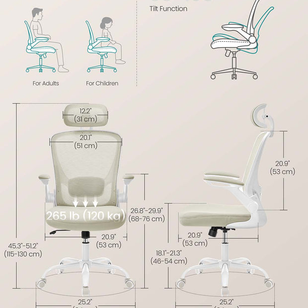 Ergonomic Office Chair – Mesh – Black – Adjustable Lumbar Support, Folding Armrests, 360° Swivel