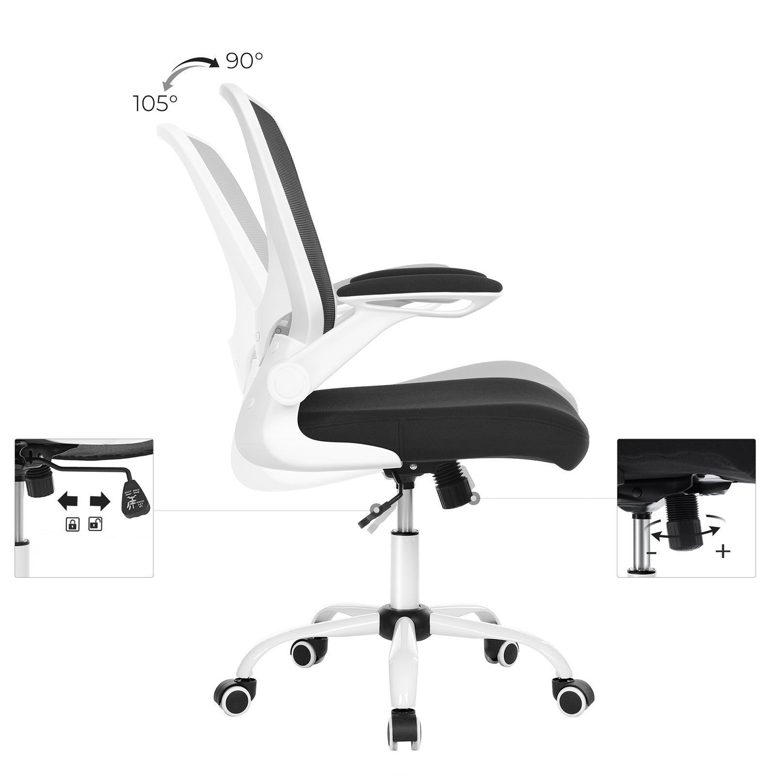 Office chair - Computer chair - With folding armrests - adjustable backrest - Black White