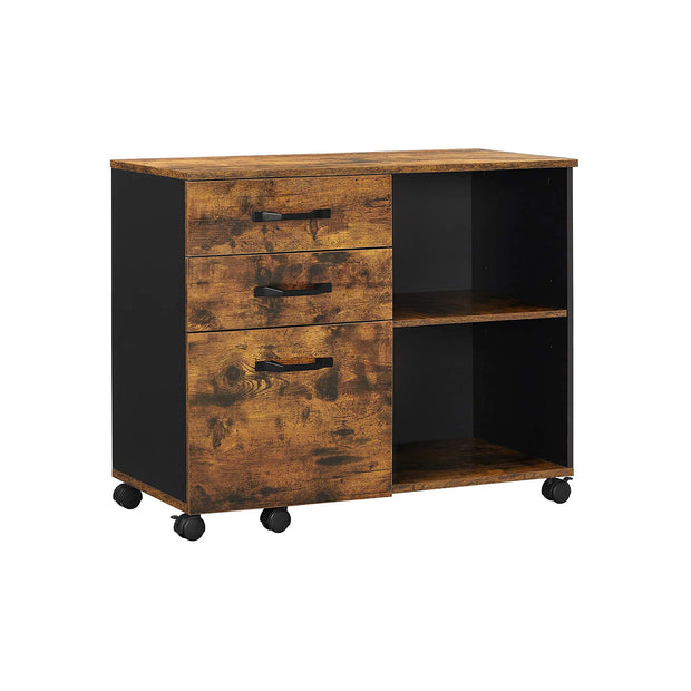 File Cabinet – Wood – Rustic Brown and Black – Mobile with Open Compartments and 3 Drawers
