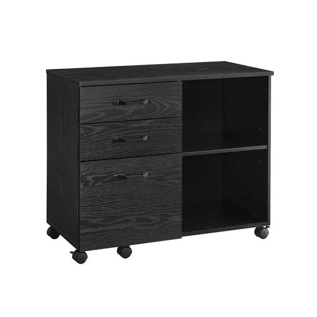 File Cabinet – Wood – Rustic Brown and Black – Mobile with Open Compartments and 3 Drawers