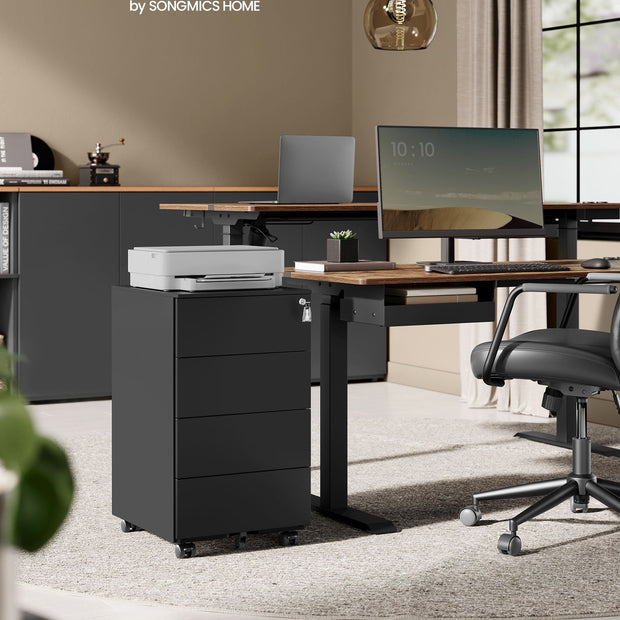 Lockable Mobile File Cabinet – Wood – Ink Black – 4 Drawers, Pre-Assembled