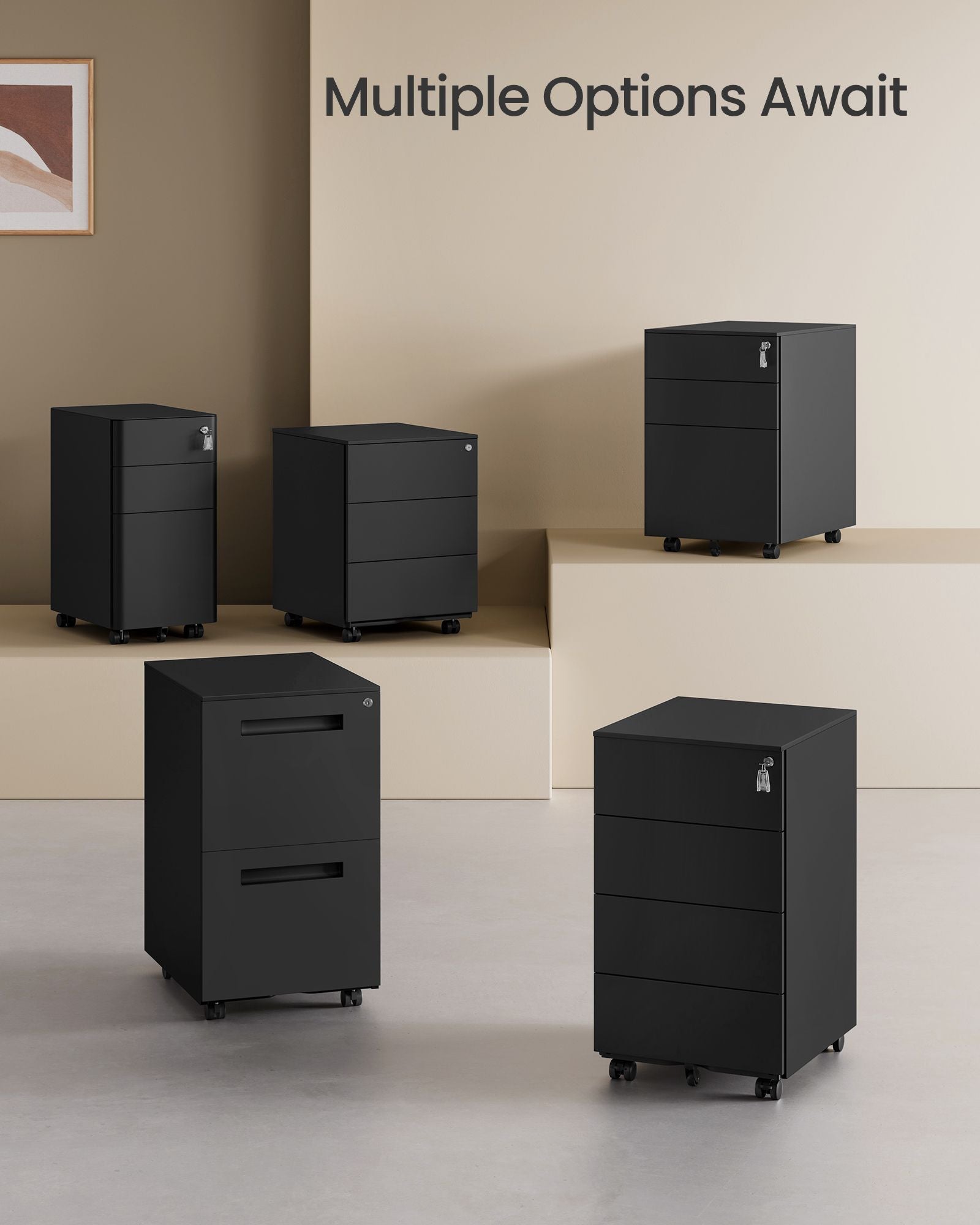 Lockable Mobile File Cabinet – Wood – Ink Black – 4 Drawers, Pre-Assembled