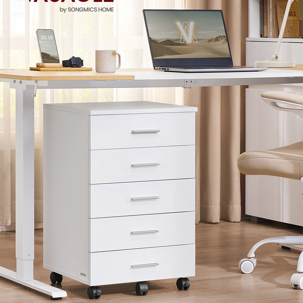 Rolling Filing Cabinet – MDF – Cloud White – 5 Drawers with Wheels