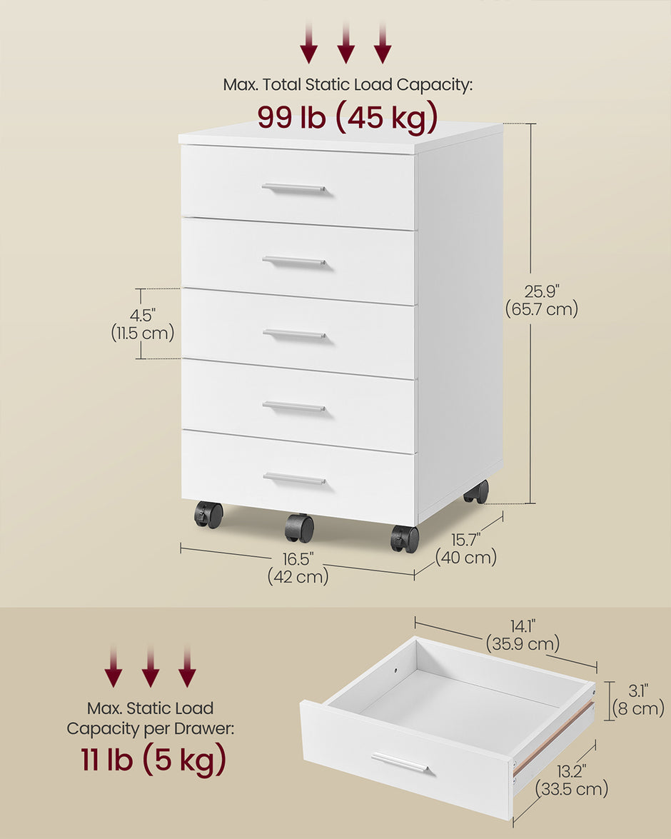 Rolling Filing Cabinet – MDF – Cloud White – 5 Drawers with Wheels