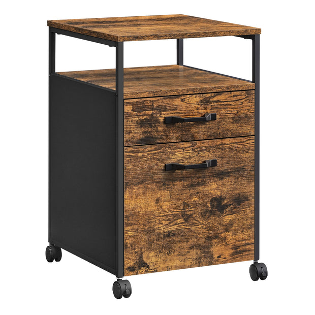 File Cabinet – Steel – Rustic Brown and Black – Rolling with Open Compartment and Stable Frame