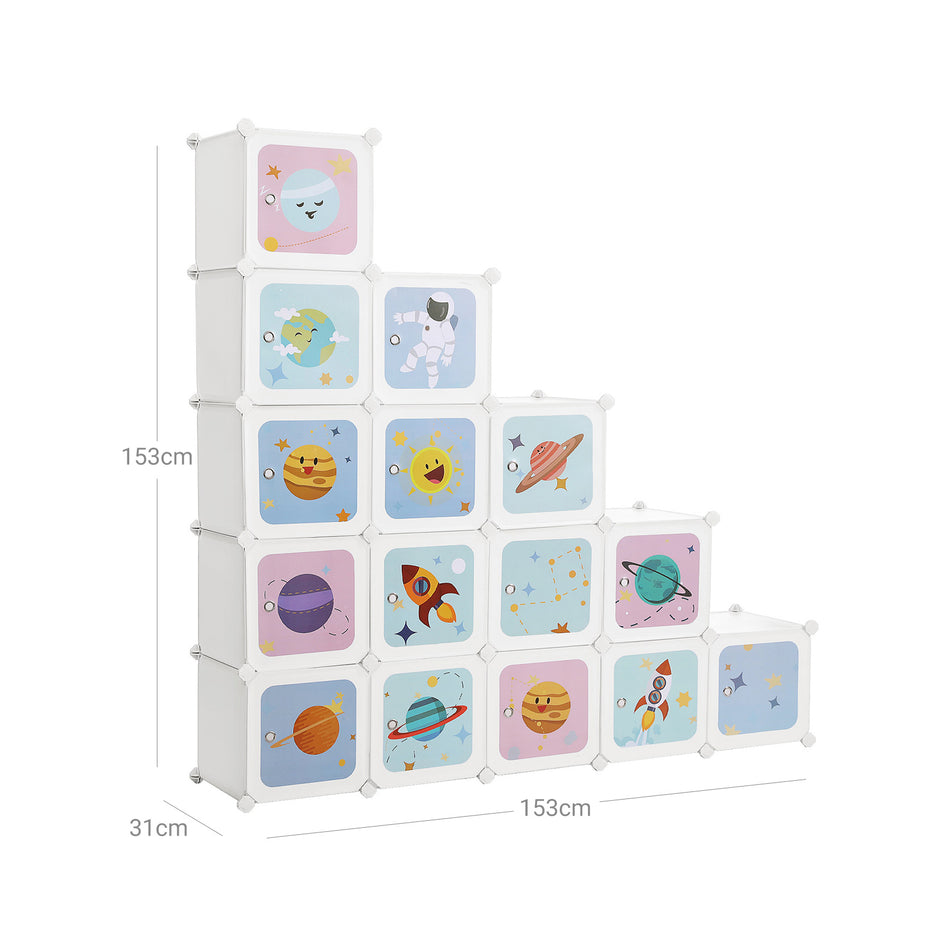 Kids' Organiser Cabinet – Plastic – White – 16-Cube Modular Storage Unit with Doors