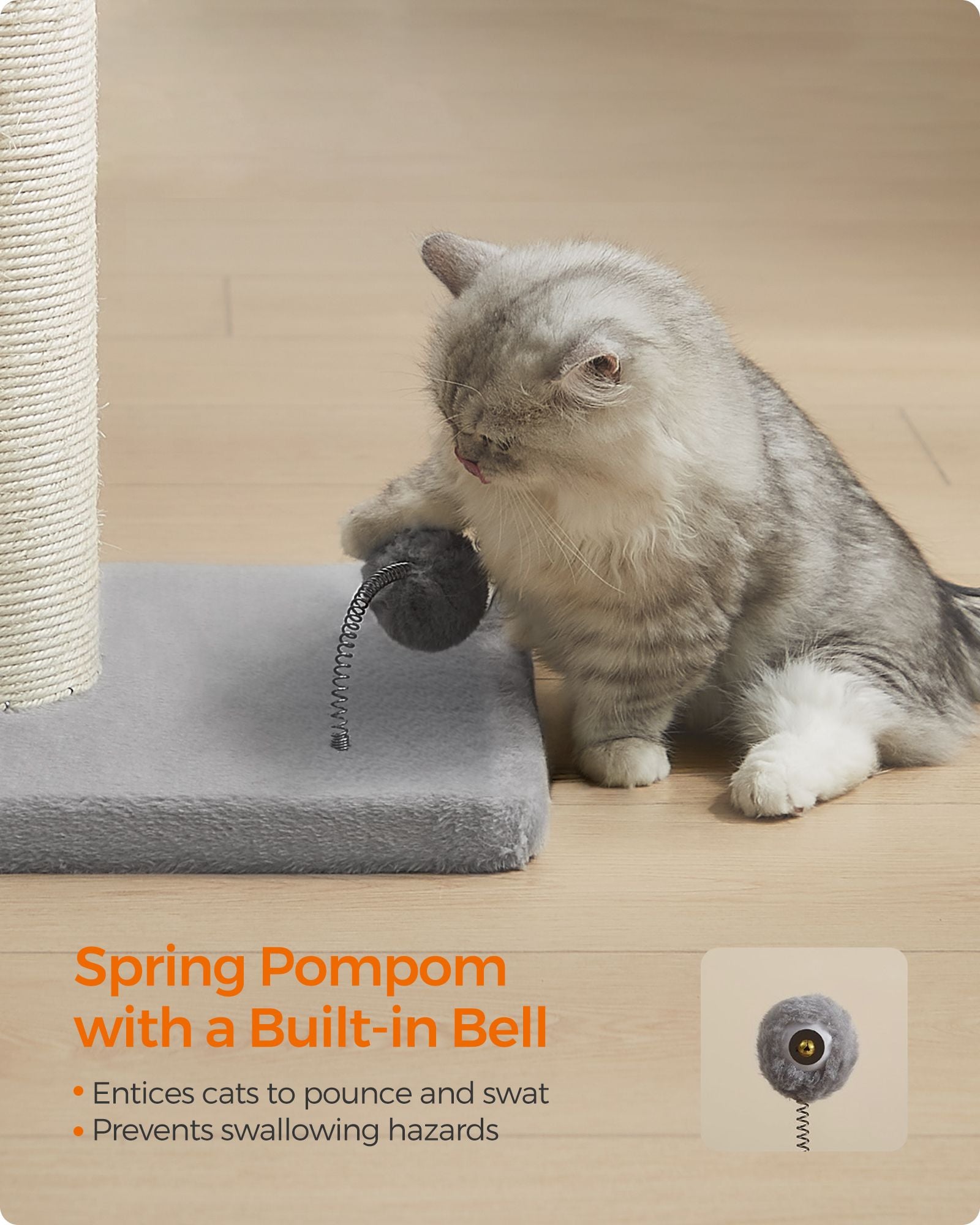 Cat Scratching Post – Sisal – Dove Grey – 85 cm with Spring Pompom