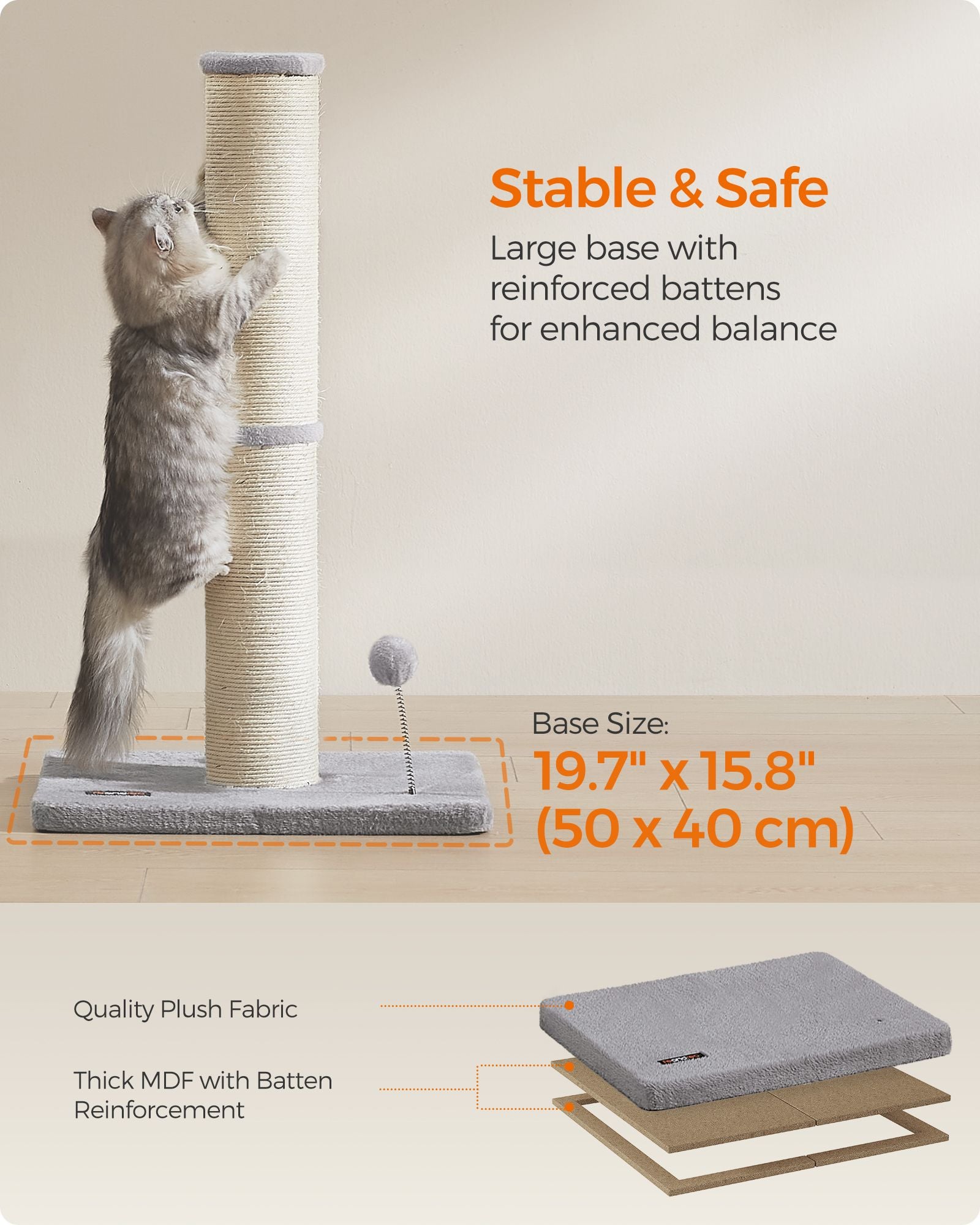 Cat Scratching Post – Sisal – Dove Grey – 85 cm with Spring Pompom