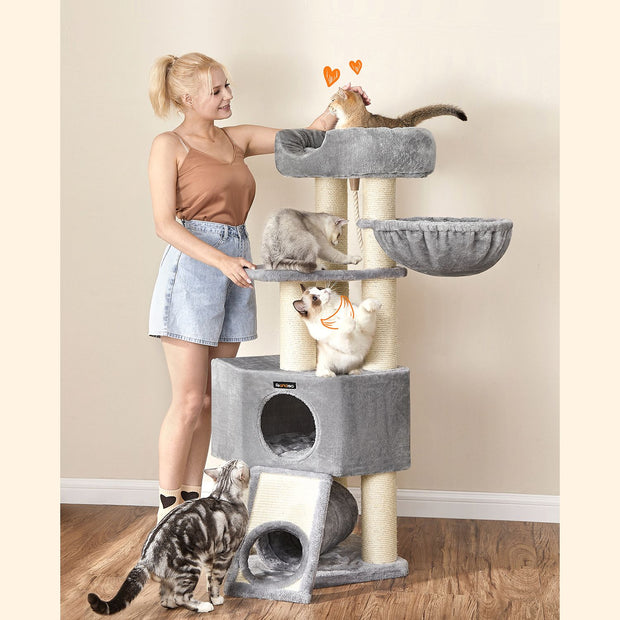 Cat Condo – PCT02W – Light Grey – Large Tower with Fluffy Plush Perch and Cuddle Cave