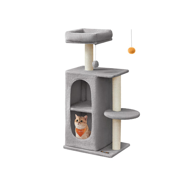 Cat Tree Tower – Engineered Wood – Light Grey – Multi-Cat Design with 2 Caves and Scratching Posts