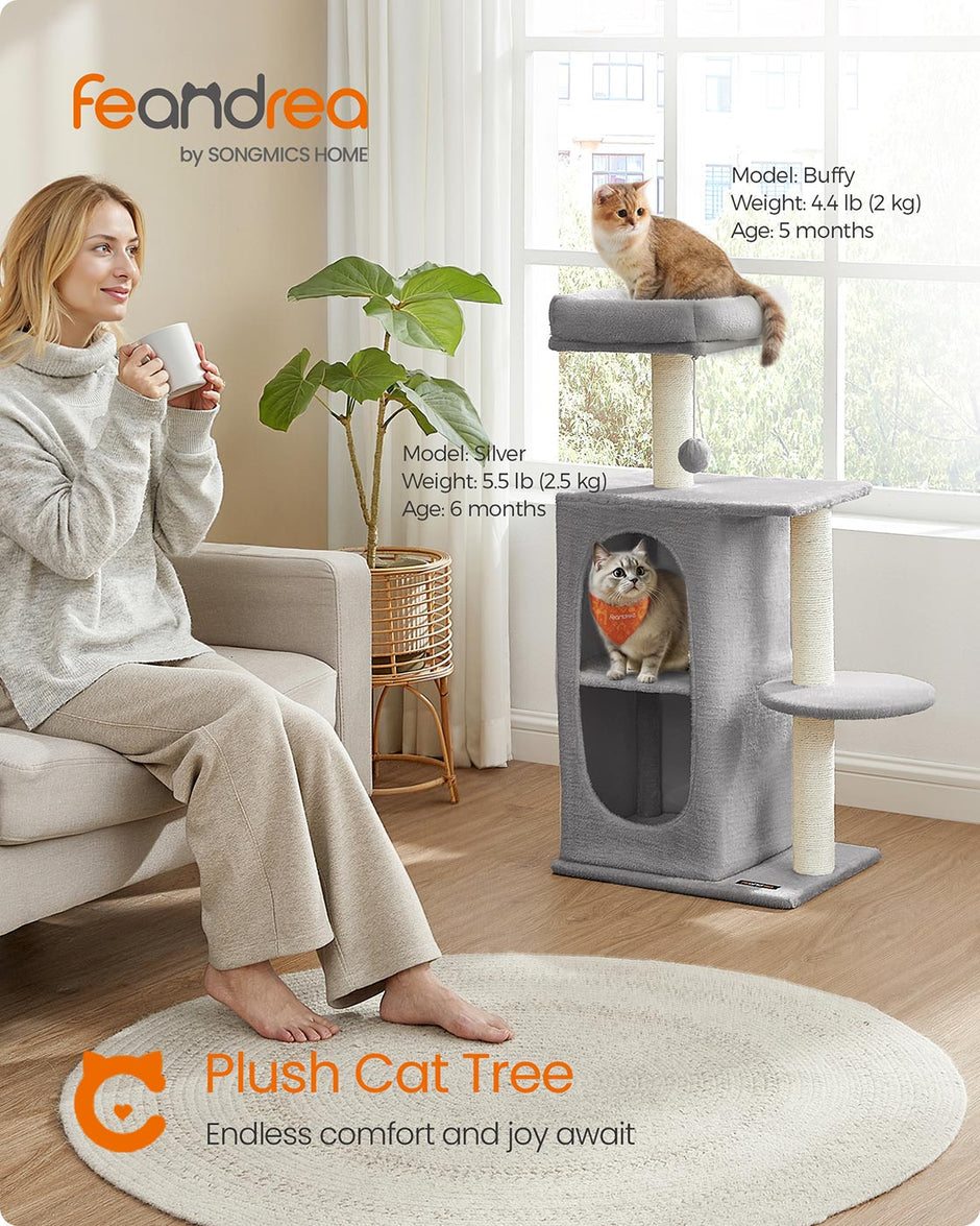 Cat Tree Tower – Engineered Wood – Light Grey – Multi-Cat Design with 2 Caves and Scratching Posts