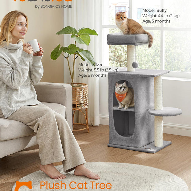 Cat Tree Tower – Engineered Wood – Light Grey – Multi-Cat Design with 2 Caves and Scratching Posts