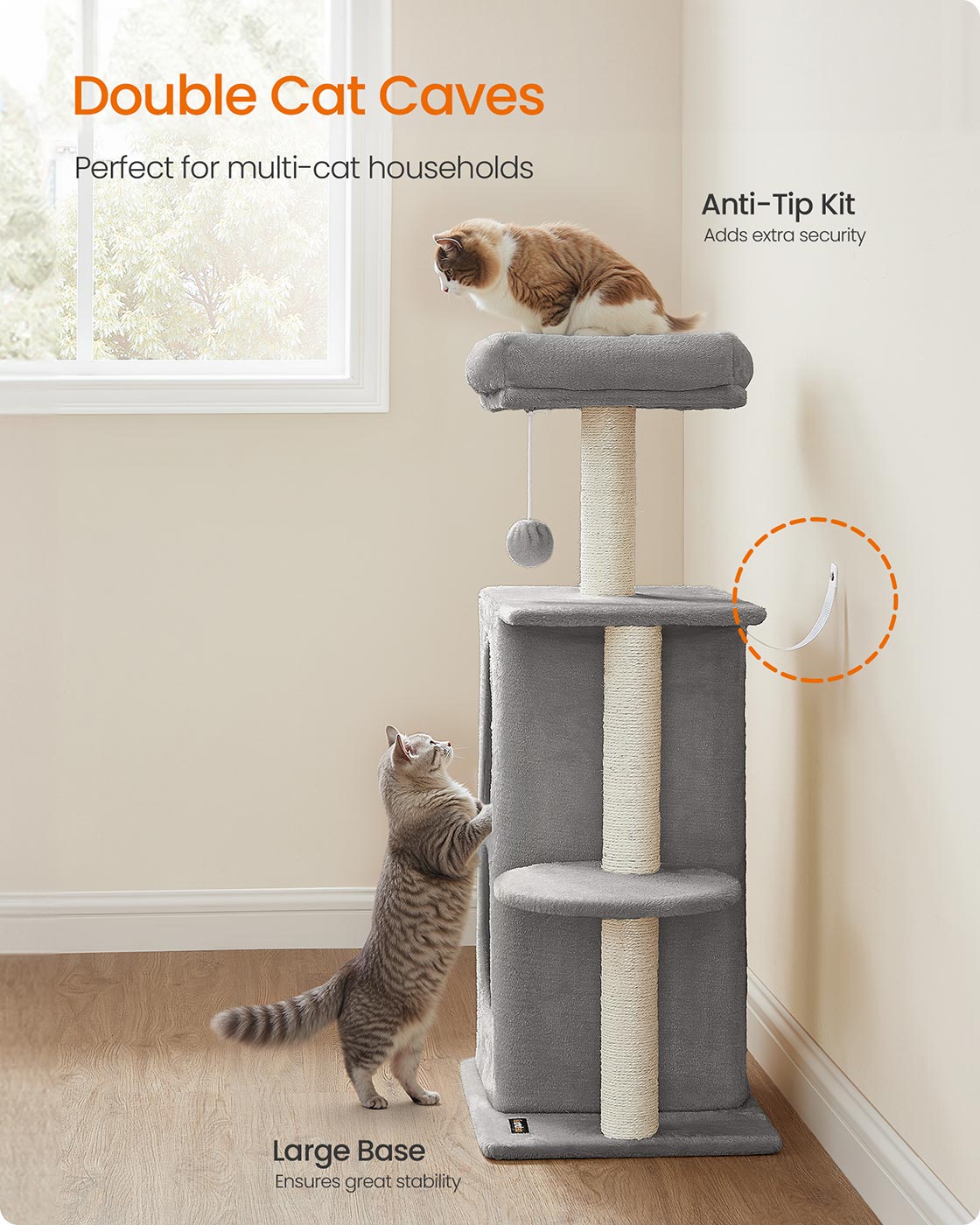 Cat Tree Tower – Engineered Wood – Light Grey – Multi-Cat Design with 2 Caves and Scratching Posts