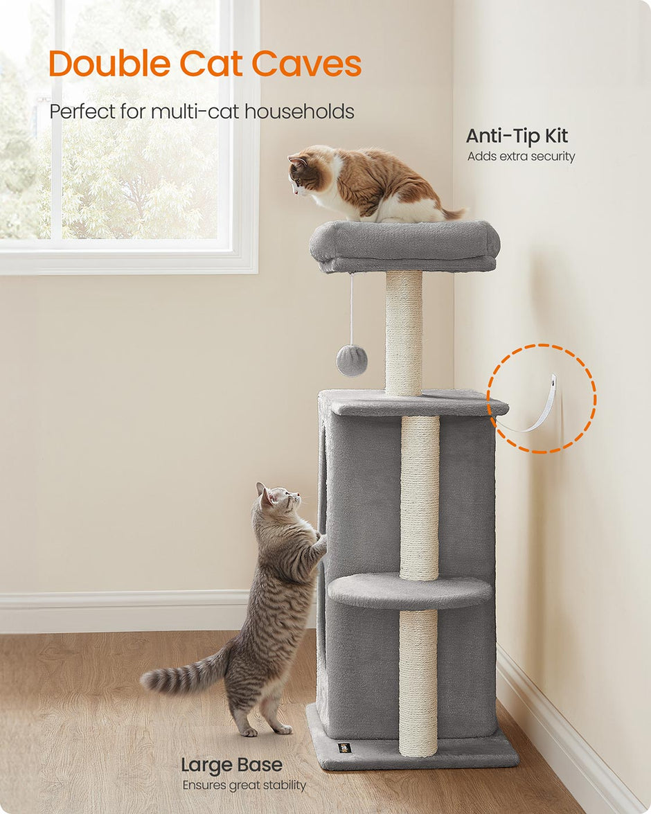 Cat Tree Tower – Engineered Wood – Light Grey – Multi-Cat Design with 2 Caves and Scratching Posts