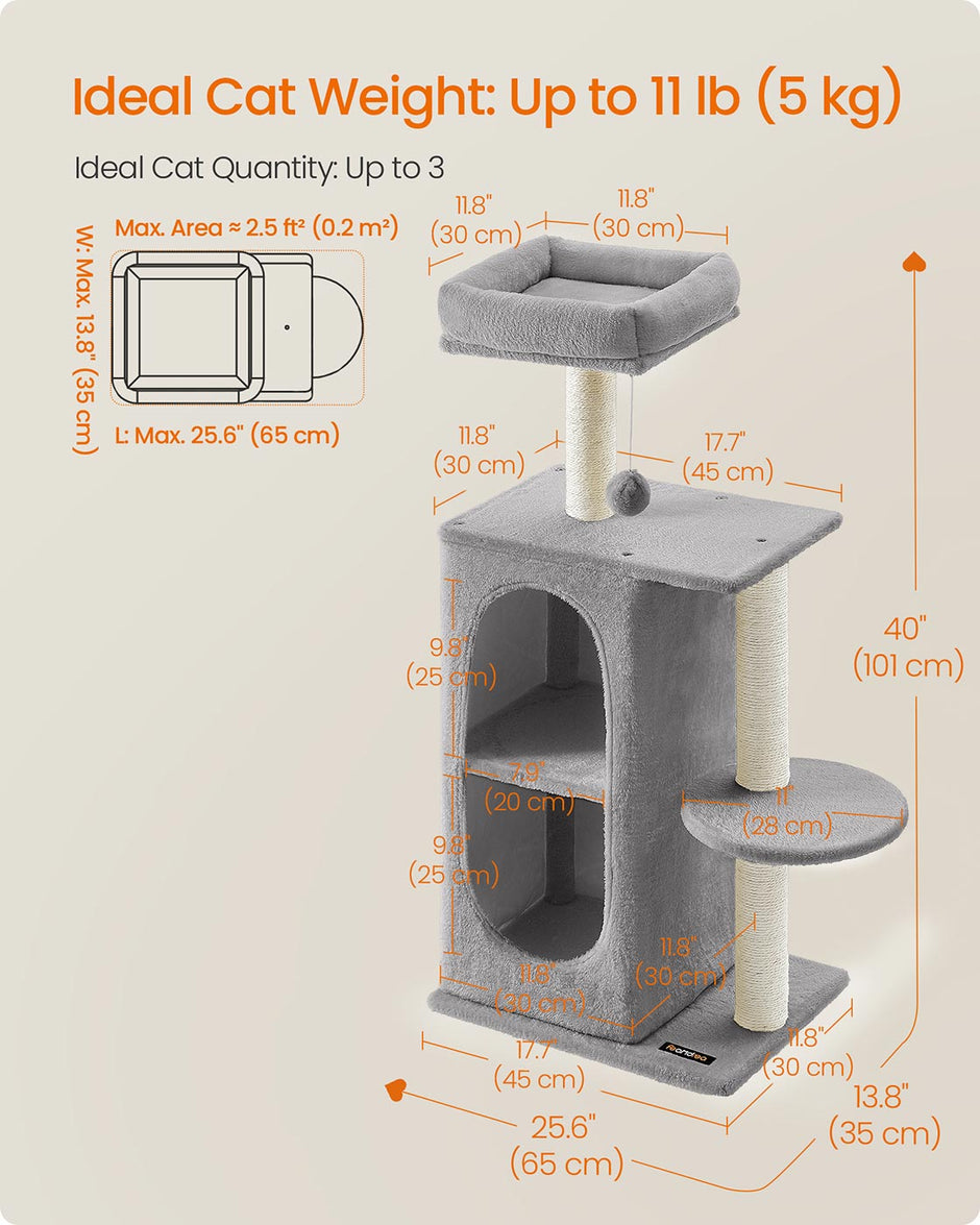 Cat Tree Tower – Engineered Wood – Light Grey – Multi-Cat Design with 2 Caves and Scratching Posts
