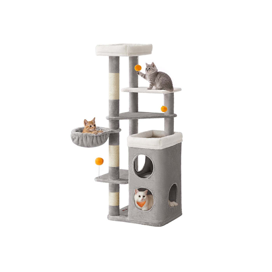 Multi-Level Cat Tree – Engineered Wood – Dove Grey – Includes Caves, Basket, Scratching Posts, and Perches