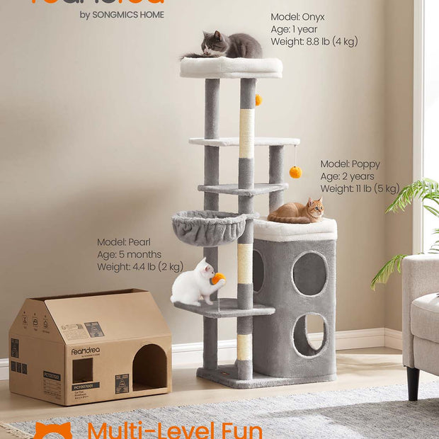 Multi-Level Cat Tree – Engineered Wood – Dove Grey – Includes Caves, Basket, Scratching Posts, and Perches