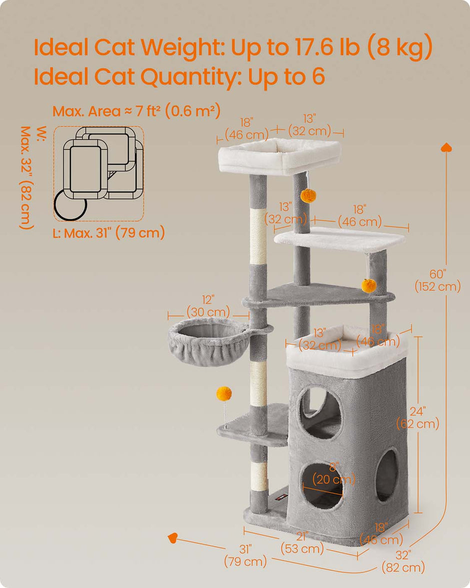 Multi-Level Cat Tree – Engineered Wood – Dove Grey – Includes Caves, Basket, Scratching Posts, and Perches