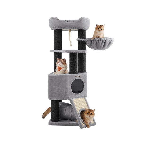 Large Cat Tree – Plush and Sisal – Light Grey – Stable with Perch, Basket Lounger, and Cuddle Cave