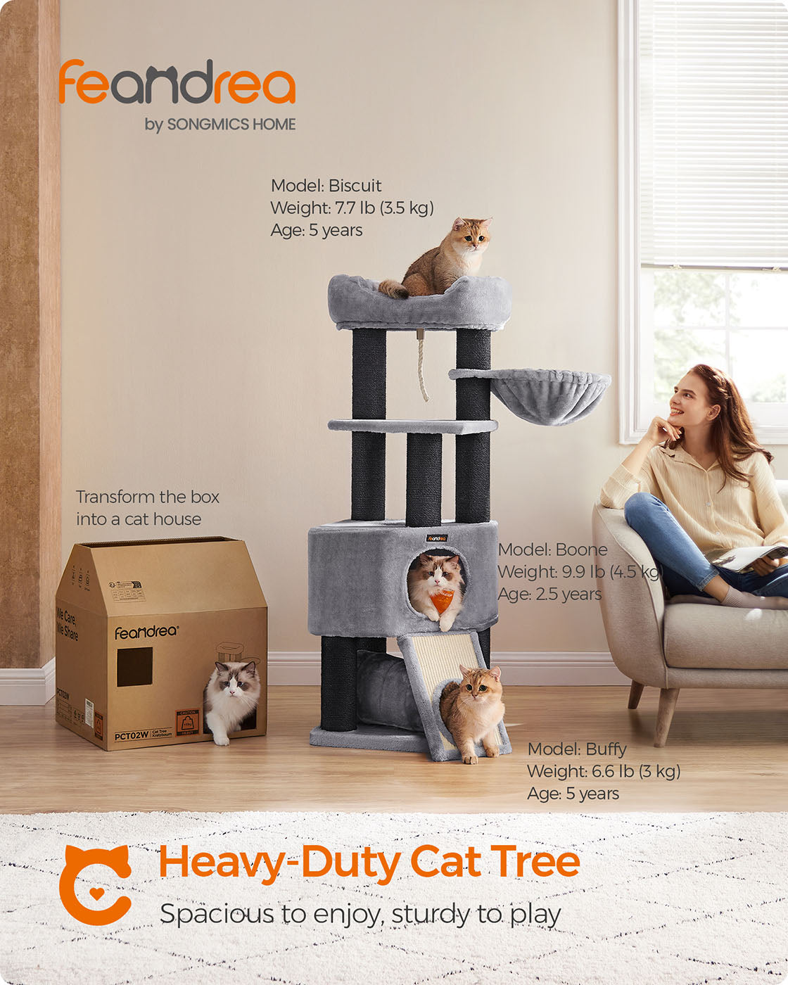 Large Cat Tree – Plush and Sisal – Light Grey – Stable with Perch, Basket Lounger, and Cuddle Cave
