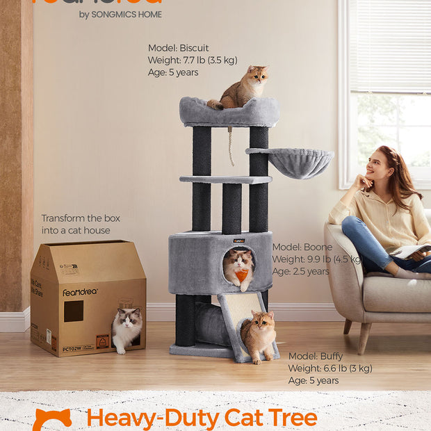 Large Cat Tree – Plush and Sisal – Light Grey – Stable with Perch, Basket Lounger, and Cuddle Cave