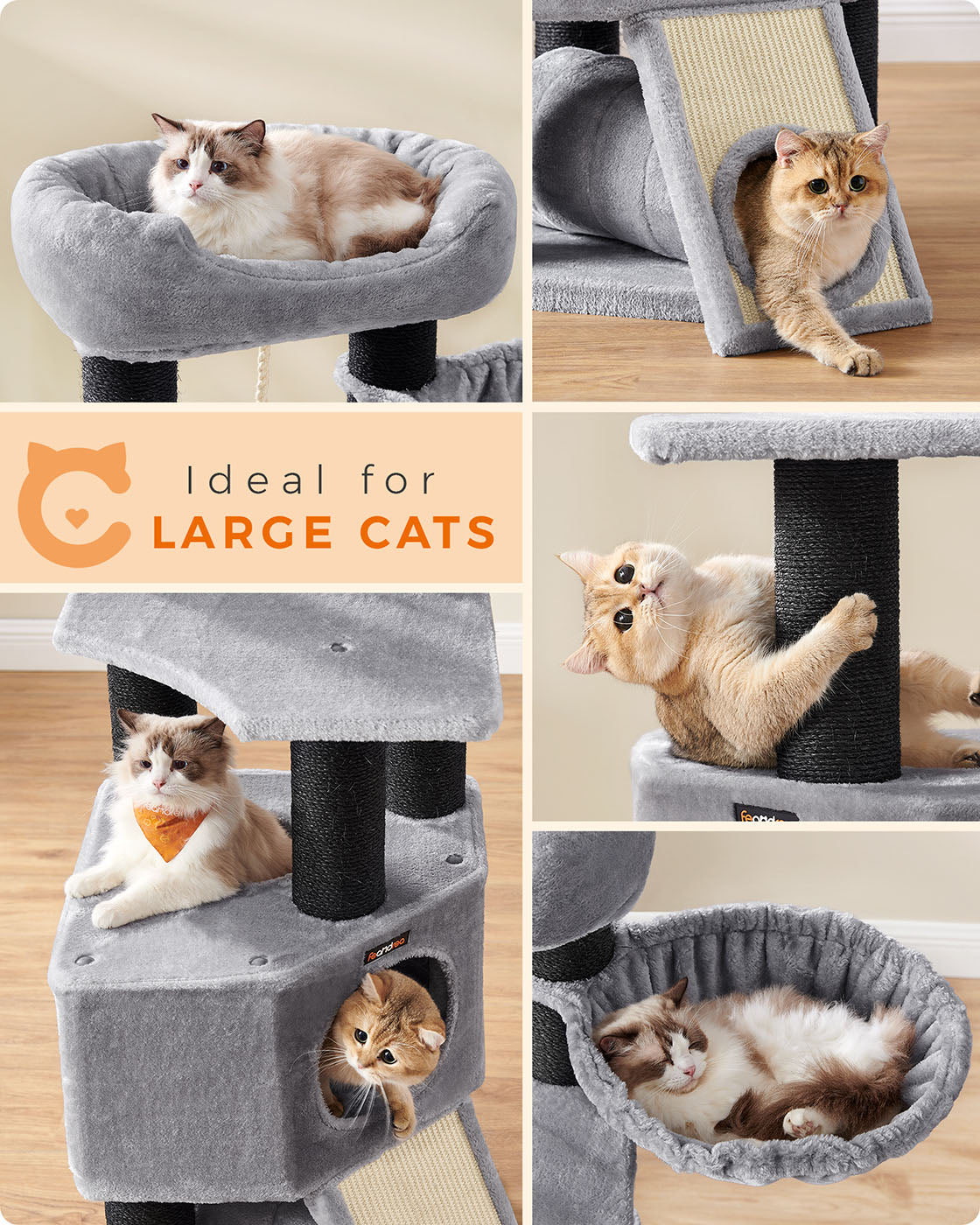 Large Cat Tree – Plush and Sisal – Light Grey – Stable with Perch, Basket Lounger, and Cuddle Cave