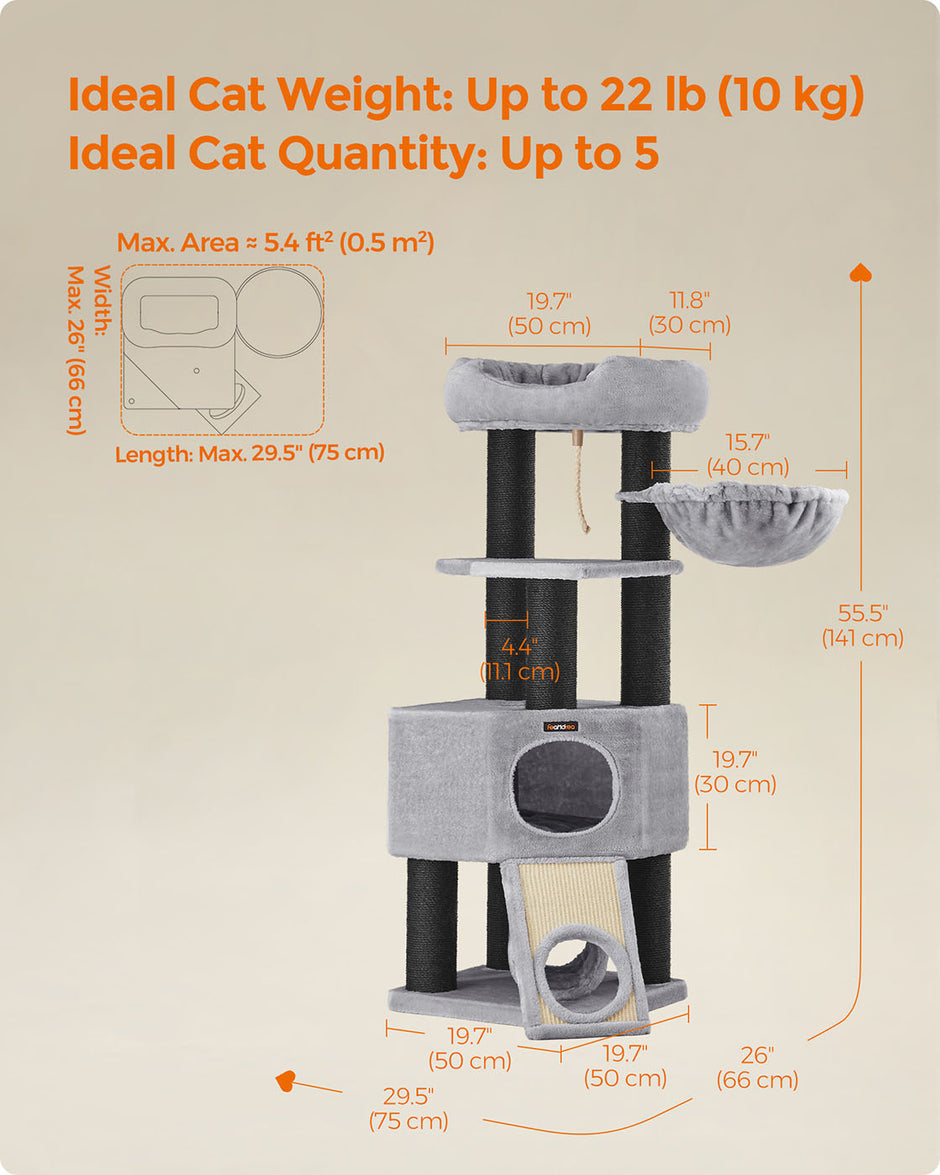Large Cat Tree – Plush and Sisal – Light Grey – Stable with Perch, Basket Lounger, and Cuddle Cave