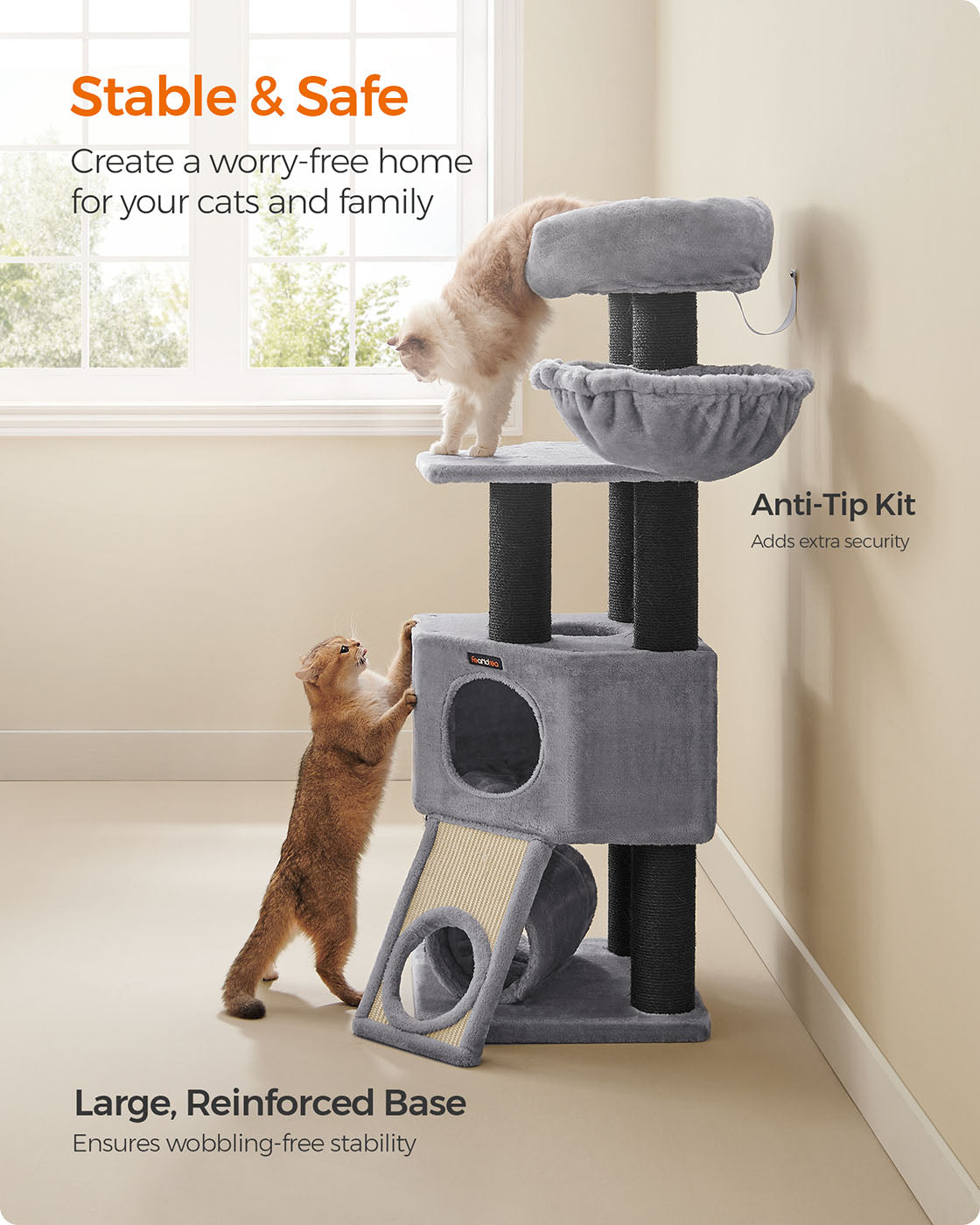 Large Cat Tree – Plush and Sisal – Light Grey – Stable with Perch, Basket Lounger, and Cuddle Cave