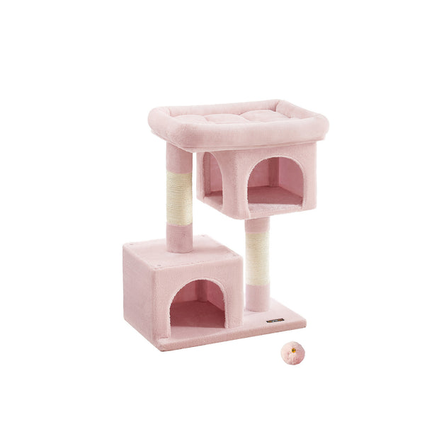 Cat Tree – Engineered Wood – Light Grey – Features Two Cat Caves and Large Perch