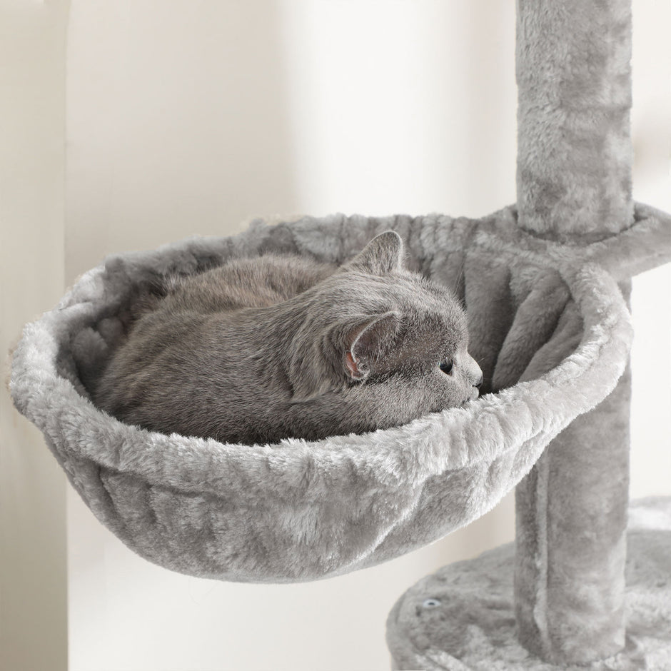 Floor-to-Ceiling Cat Tree – Plywood – Light Grey – Adjustable Height 2.4-2.6 m