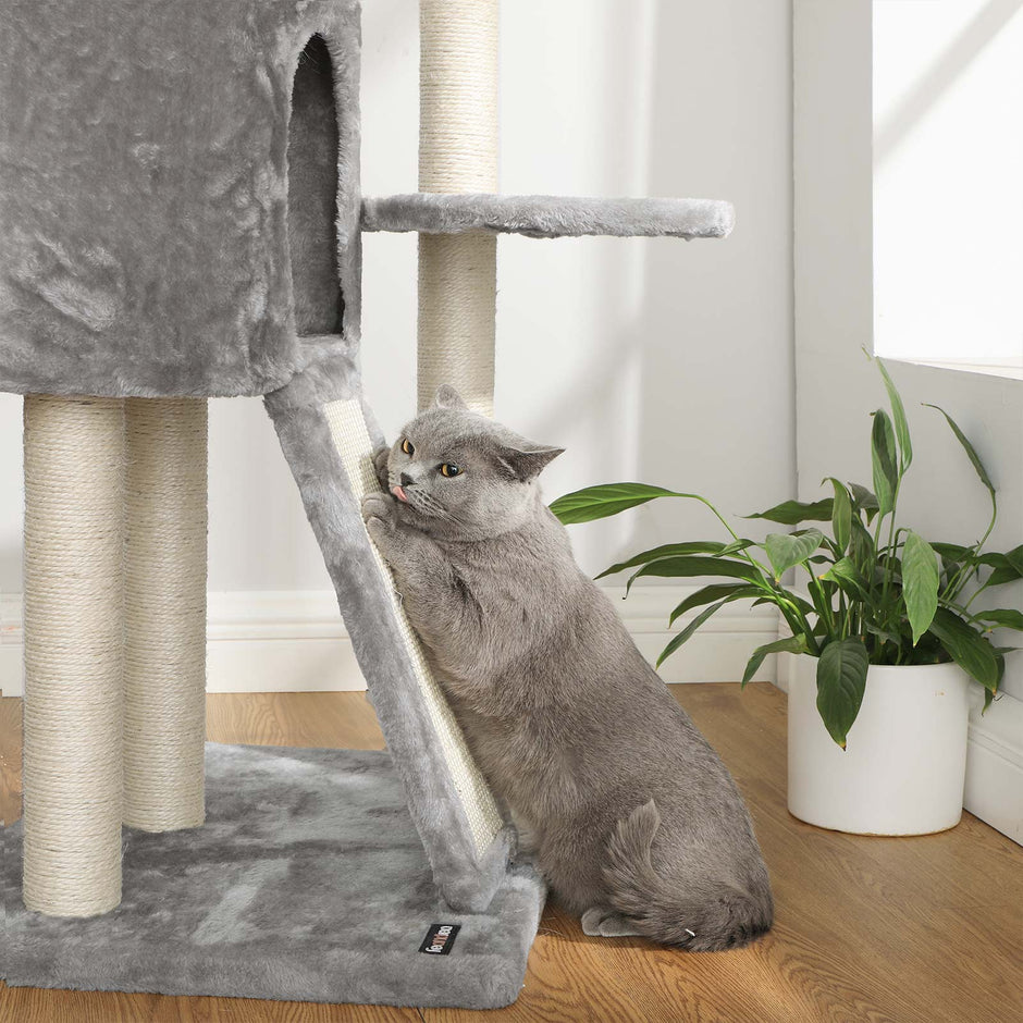 Floor-to-Ceiling Cat Tree – Plywood – Light Grey – Adjustable Height 2.4-2.6 m
