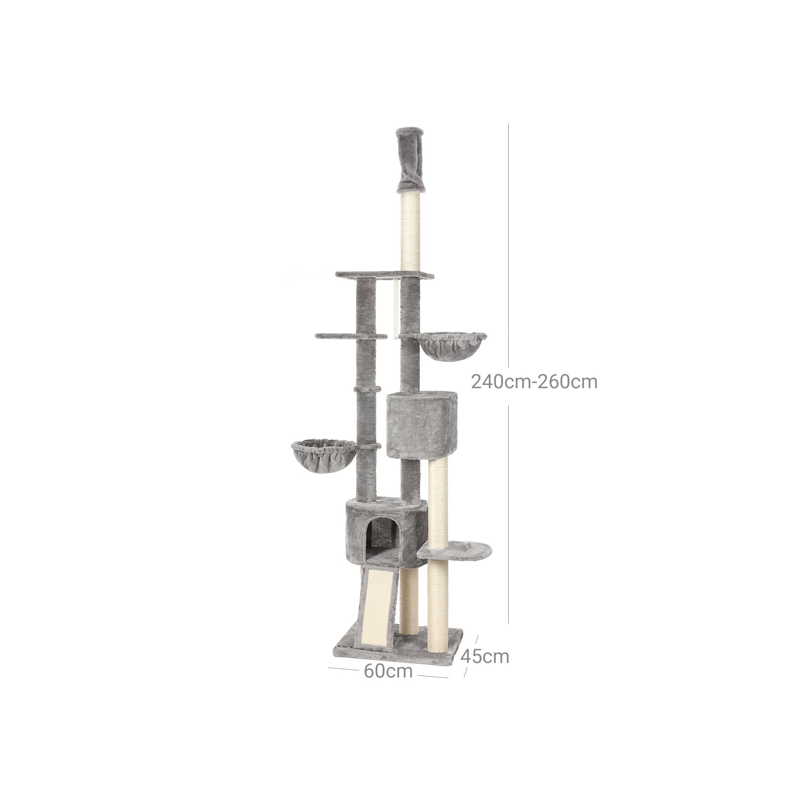 Floor-to-Ceiling Cat Tree – Plywood – Light Grey – Adjustable Height 2.4-2.6 m