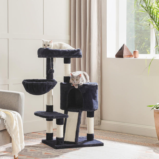 Cat Tower – Plush – Blue – 104 cm with Hammock and Pompom