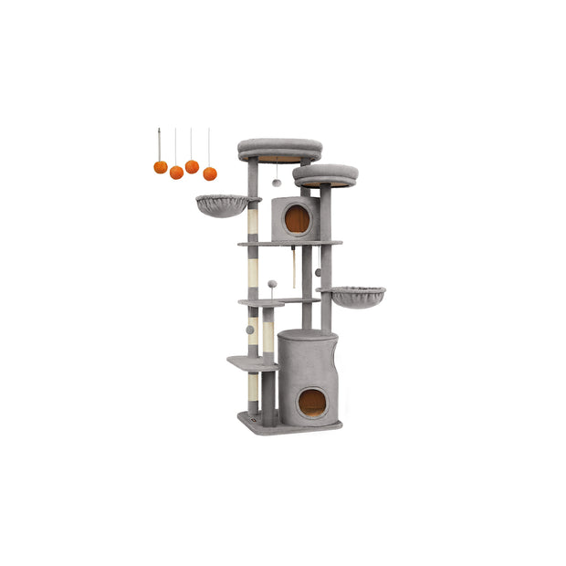 Cat Tower – Plush – Light Grey – Multi-Level with 2 Perches and 3 Caves