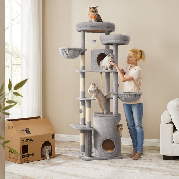 Cat Tower – Plush – Light Grey – Multi-Level with 2 Perches and 3 Caves