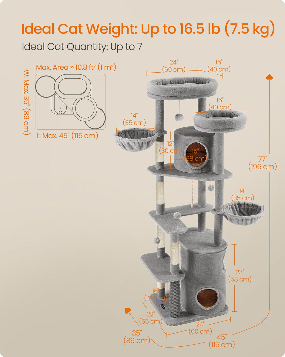 Cat Tower – Plush – Light Grey – Multi-Level with 2 Perches and 3 Caves