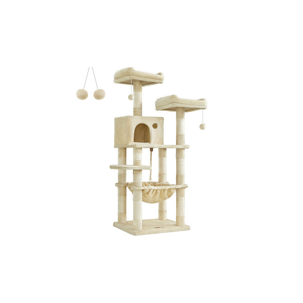 Cat Tree – Plush – Light Grey – Stable with Cat Cave, 143 cm