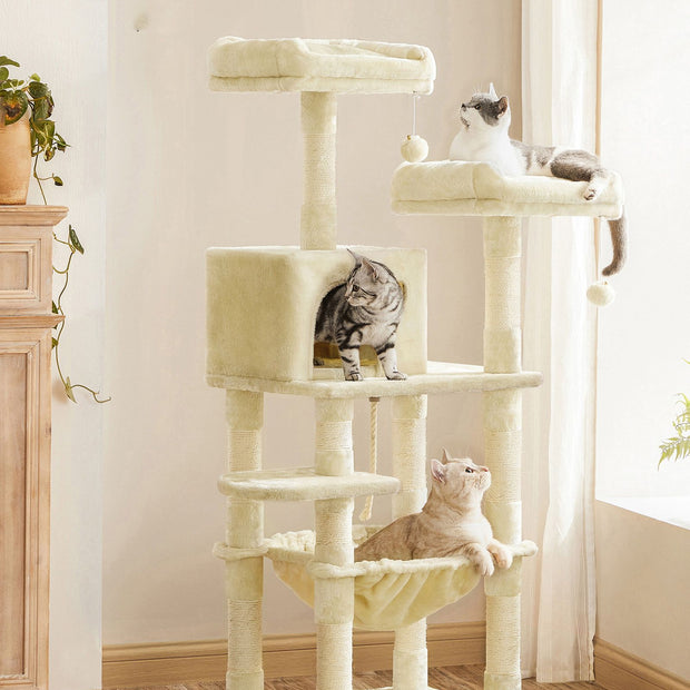 Cat Tree – Plush – Light Grey – Stable with Cat Cave, 143 cm