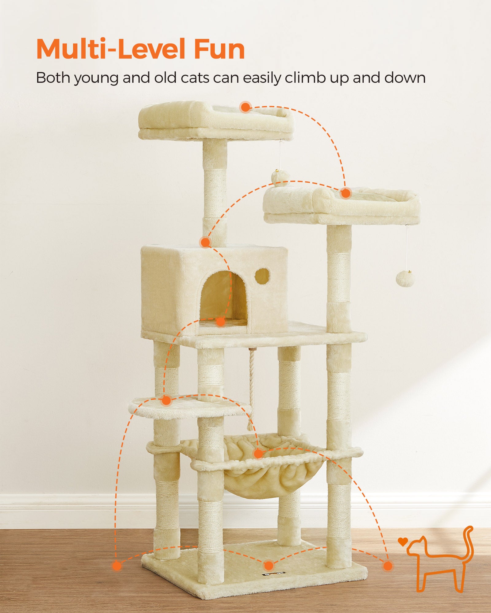 Cat Tree – Plush – Light Grey – Stable with Cat Cave, 143 cm