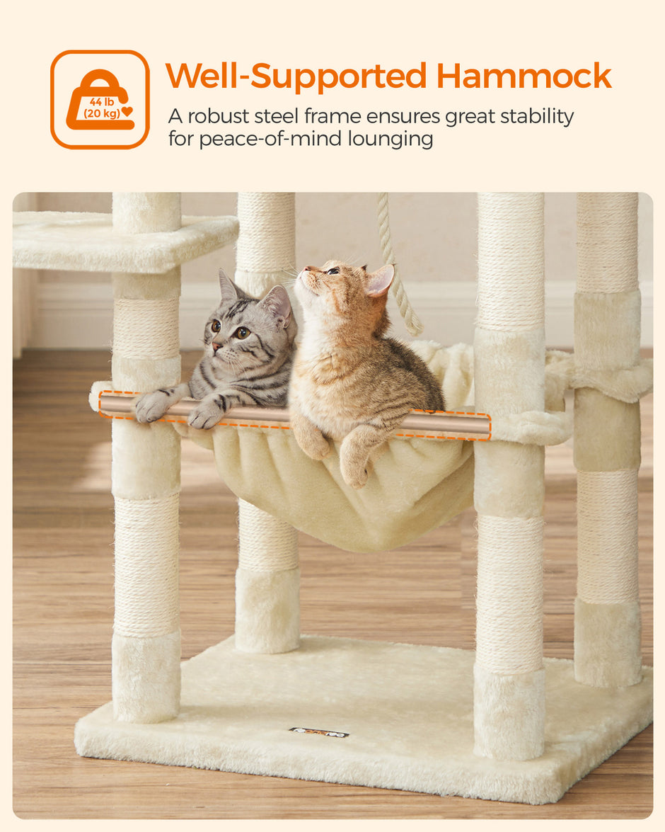 Cat Tree – Plush – Light Grey – Stable with Cat Cave, 143 cm